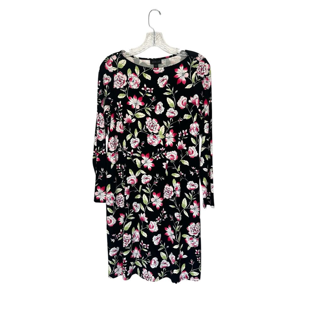 J. Jill Wearever Collection Black Floral Stretch Long Sleeve Dress Small Petite
